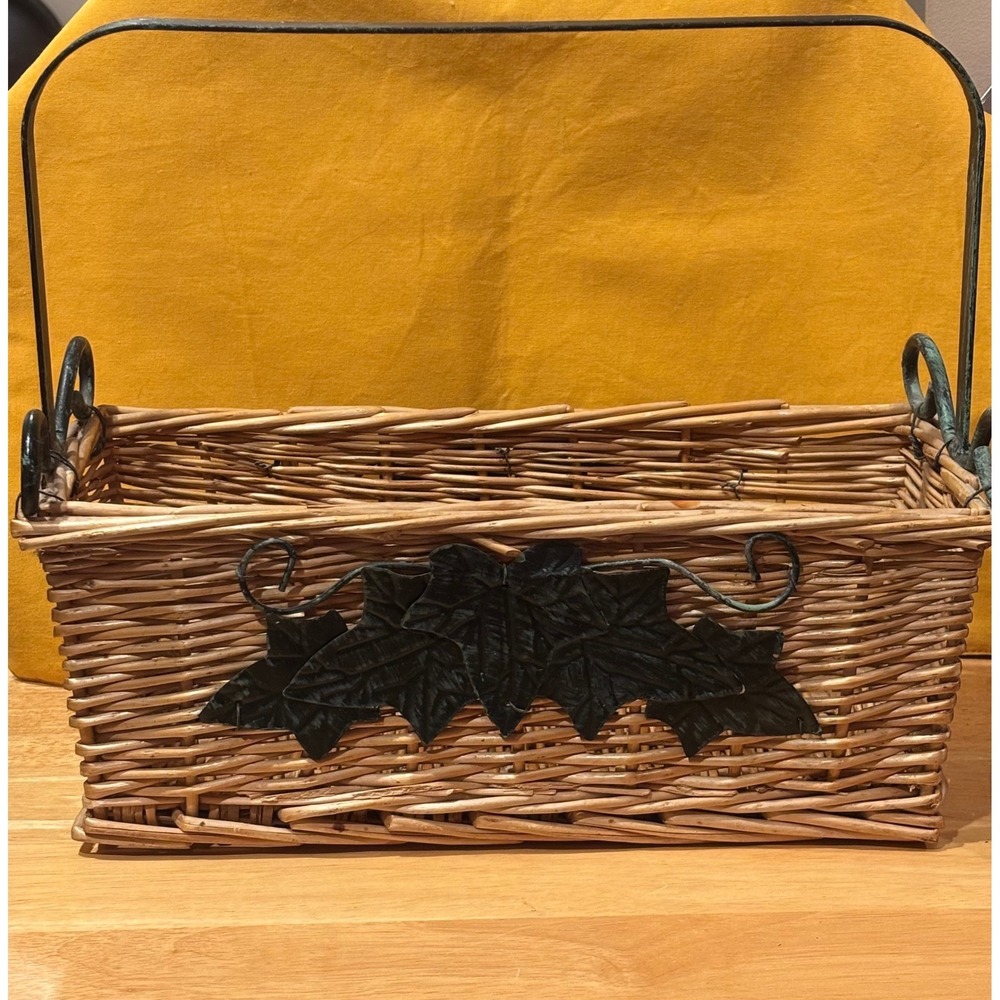 Vintage Wicker Basket with Metal Handle and Leaf Accents Farmhouse Decor